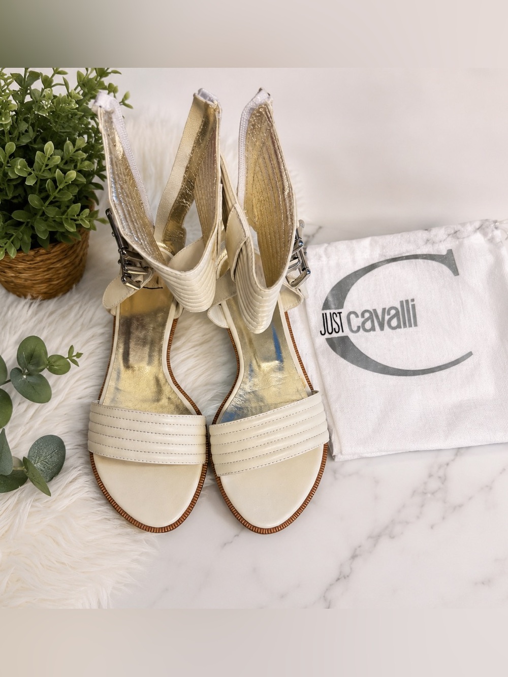 Just Cavalli White Ankle Cuff Sandals – Size 8.5 | Dust Bag Included